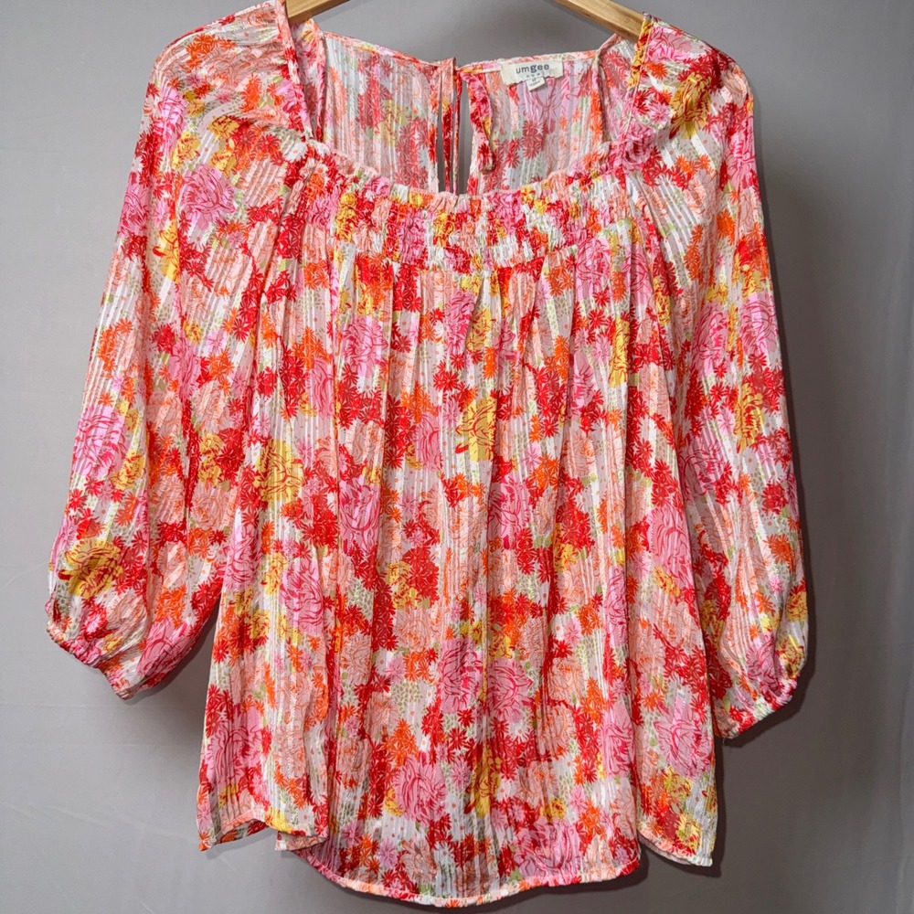 Umgee Pink Floral Metallic Smocked Square Neck Blouse Top Medium A0074 Boho